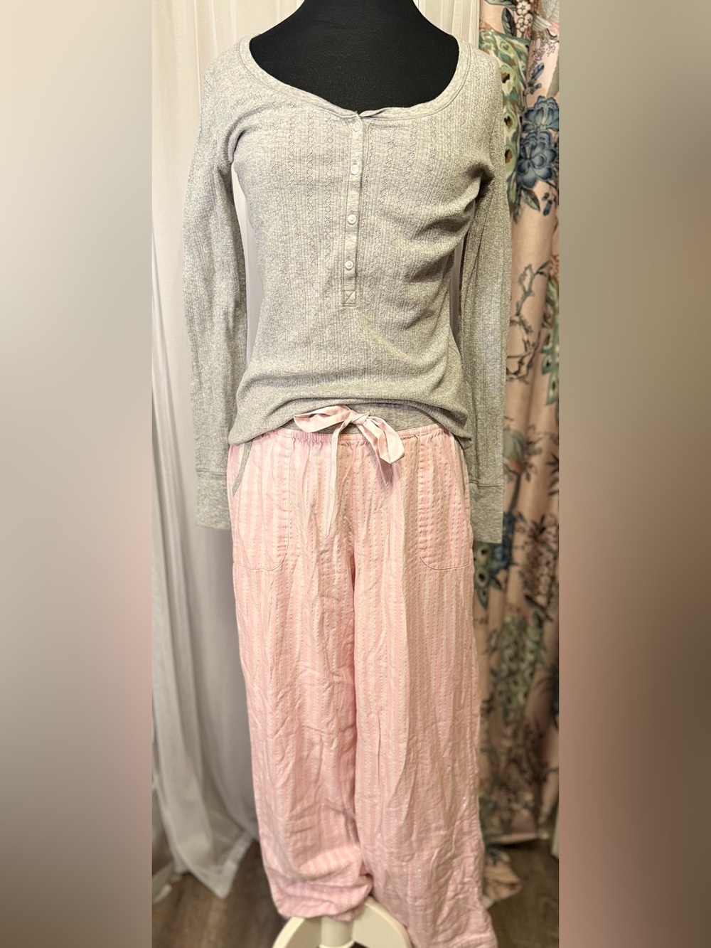 Victoria's Secret Light Pink Striped Cotton Lounge Pants with Satin Tie